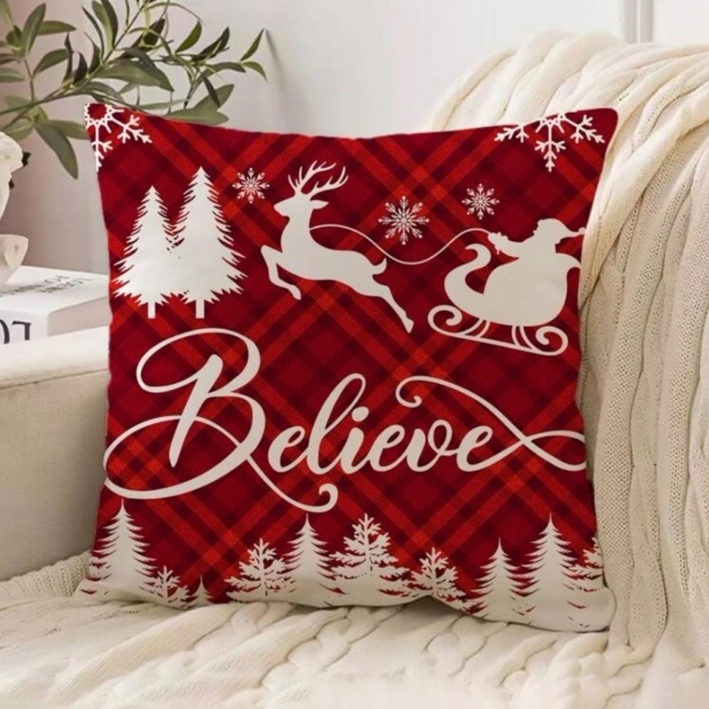 Christmas Pillow Covers Believe Santa & Sleigh Print - Picture 1 of 4